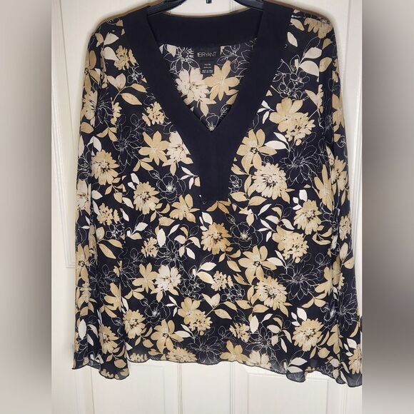 Lane Bryant 14/16 100% SILK Blouse Floral Black/Gold V Neck Peasant Women Blouse - Picture 1 of 10